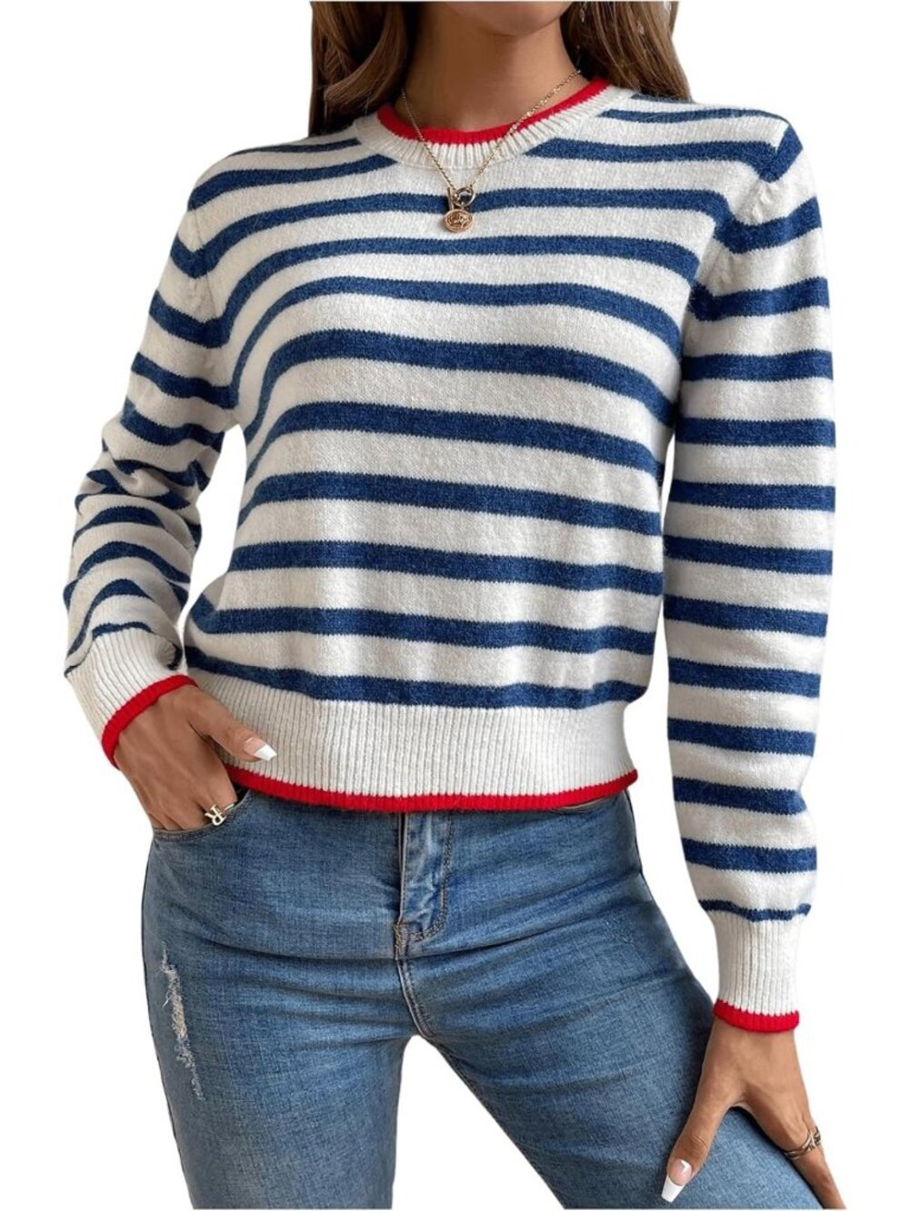 Striped Knit Pullover Sweater for Women - Round Neck, Long Sleeve, Fall/Winter